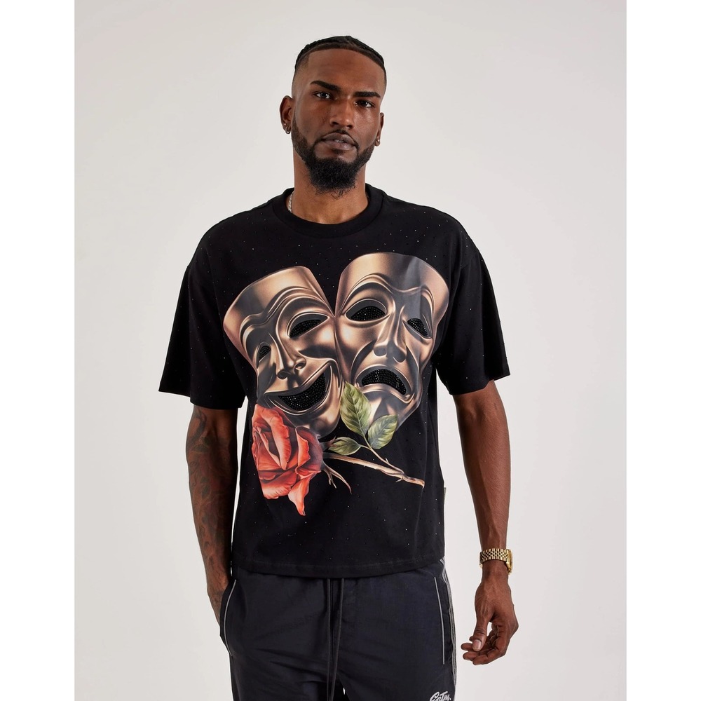 BKYS NWT Black Rhinestone Theater Masks Rose Graphic‎ T Shirt Size S Streetwear